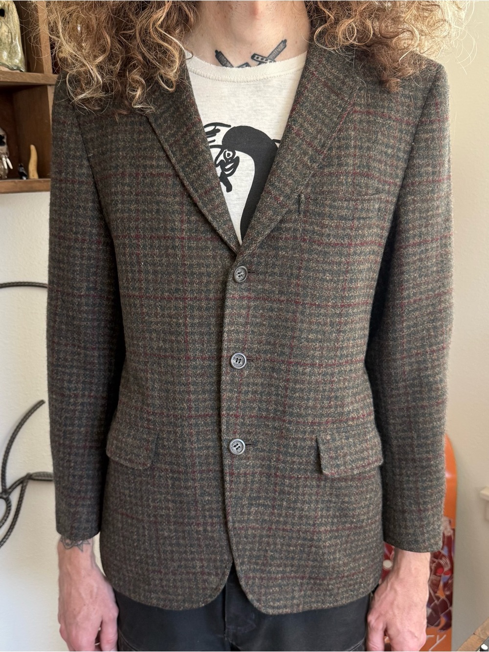 Vintage 50s 60s Tweed Wool Lined Houndstooth Plaid Blazer ~ Size M / 40R